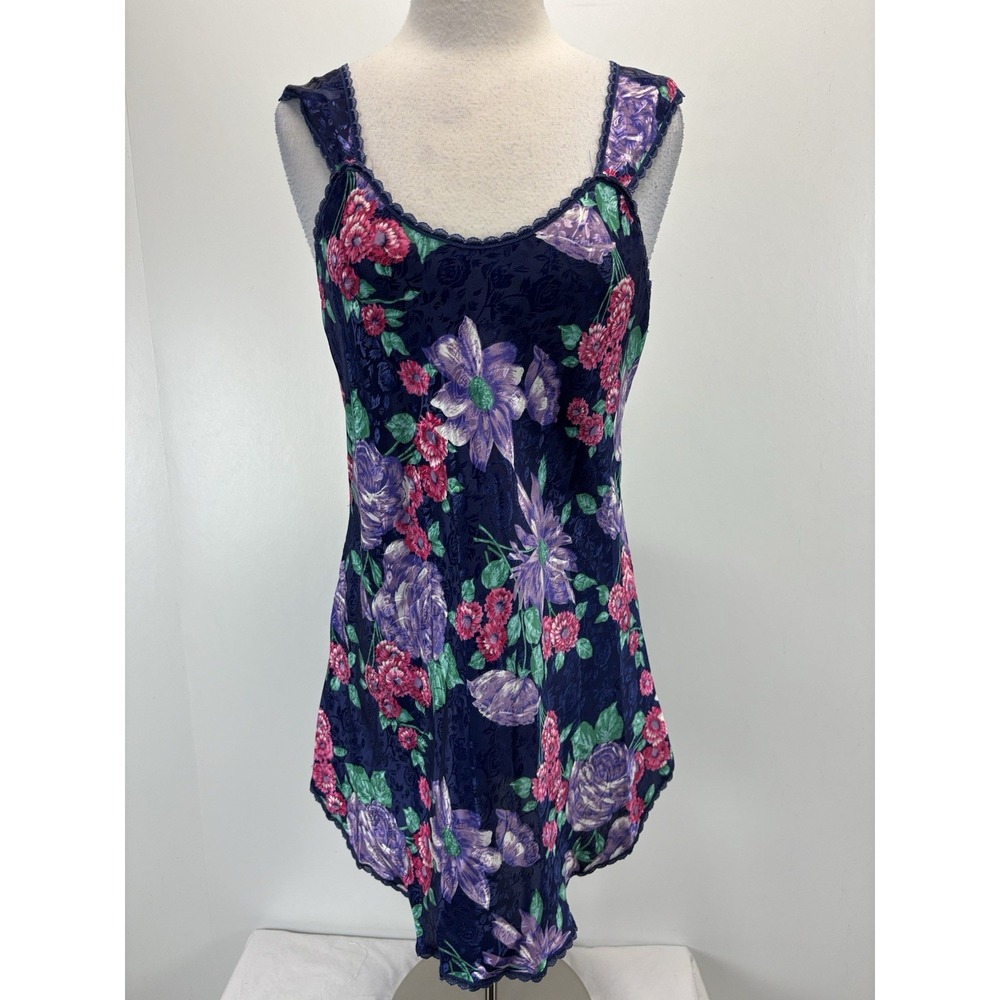 Vtg Pinx Floral Satin Slip Nightgown Women's L Damask 90s Made In USA Nightie